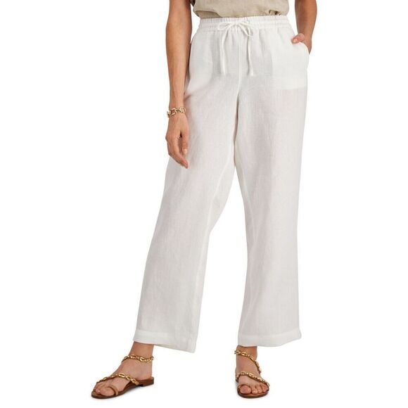 Charter Club Women's Petite Sz L White 100% Linen Drawstring Cropped Pants - Picture 9 of 9